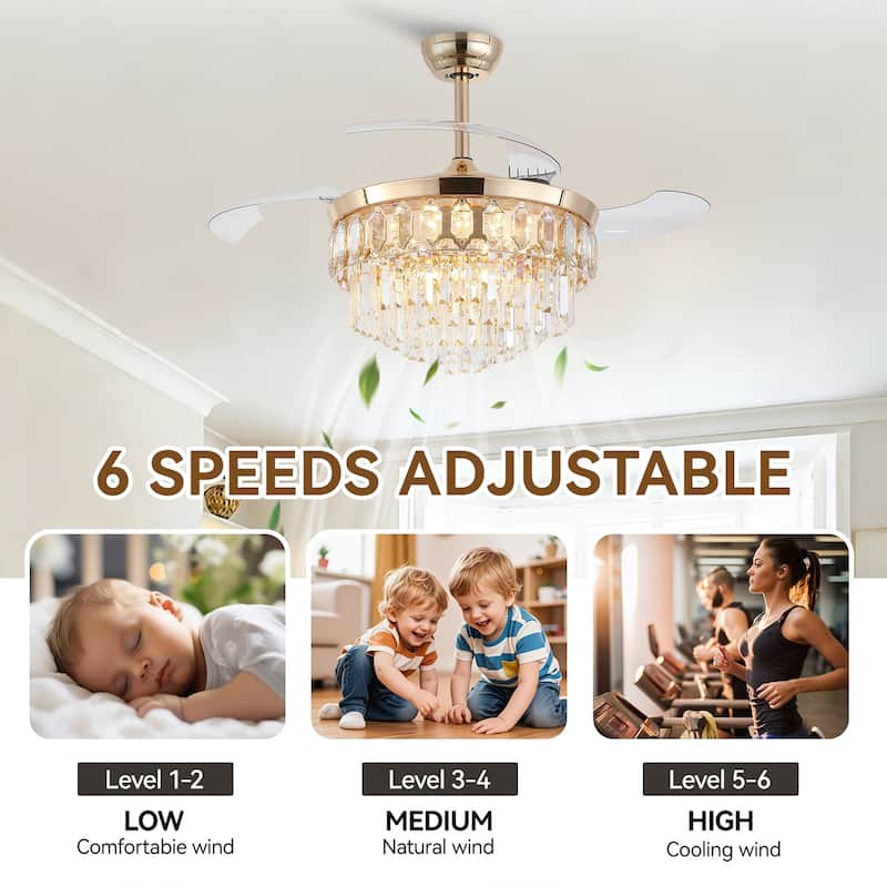 48" Crystal Fandelier Ceiling Fan with Light and Retractable Blades LED Dimmable for Bedroom Living Room - 48 Inches