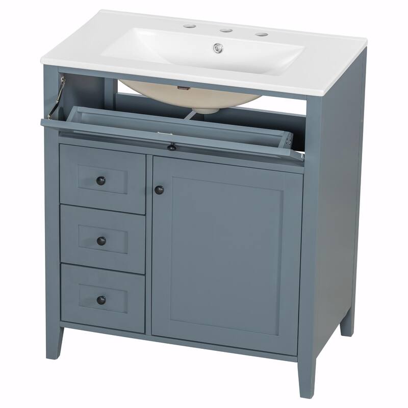 Bathroom Vanity with Sink, Modern MDF and Rubberwood Cabinet with 3 Drawers and Adjustable Shelf