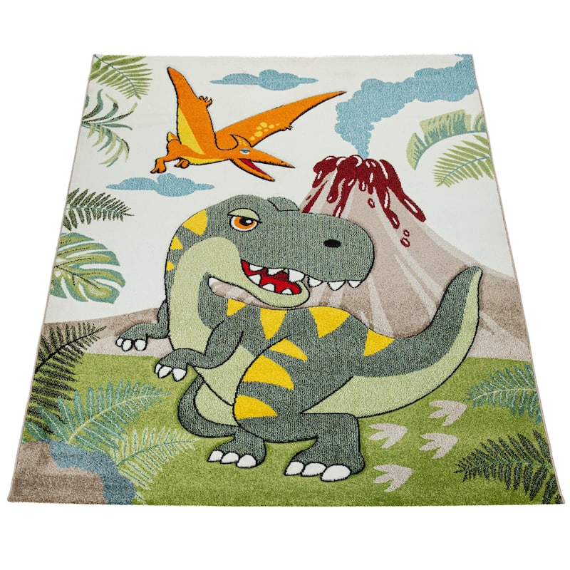 Kids Rug for Boys Jurresic World T-Rex Dinosaur Jungle in Green