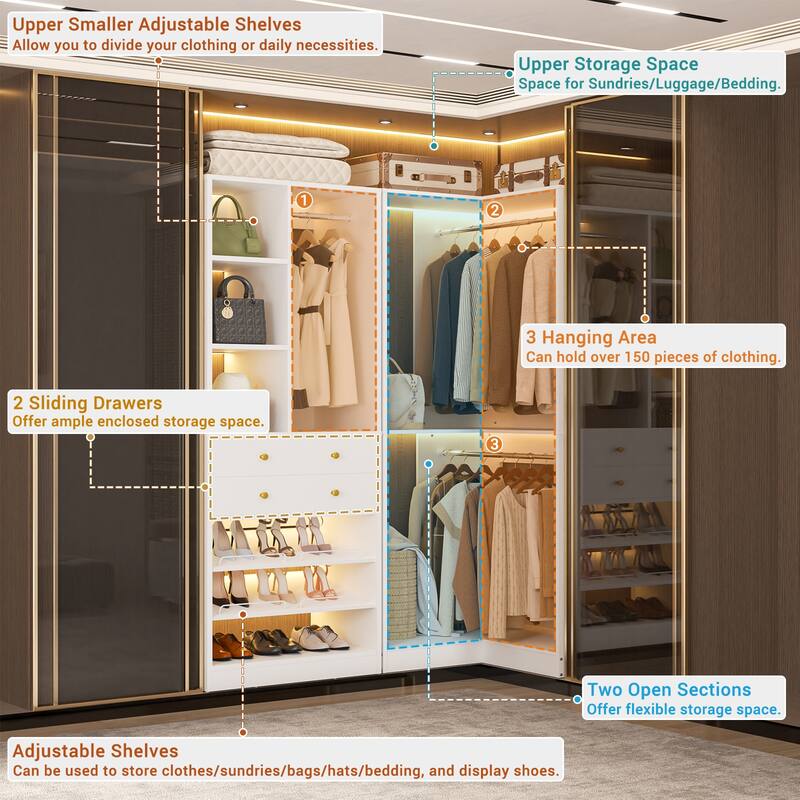 Set of 2/ 3 Coner Closet System with Shoe Racks and Drawers, Freestanding Closet Organizer with Hanging Rods and Shelves