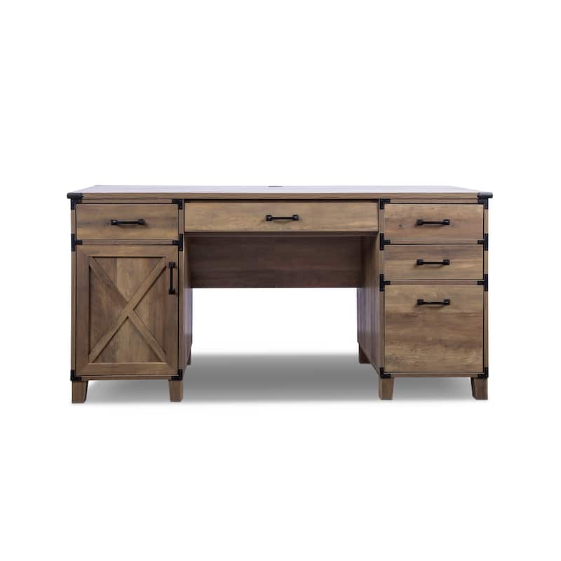 HomeRoots 59" Natural Wood Executive Desk With Five Drawers