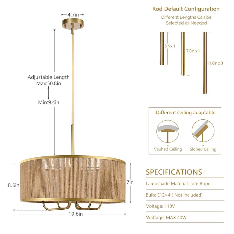 LamQee Large Farmhouse Rattan Chandelier Rope Pendant Light Fixture
