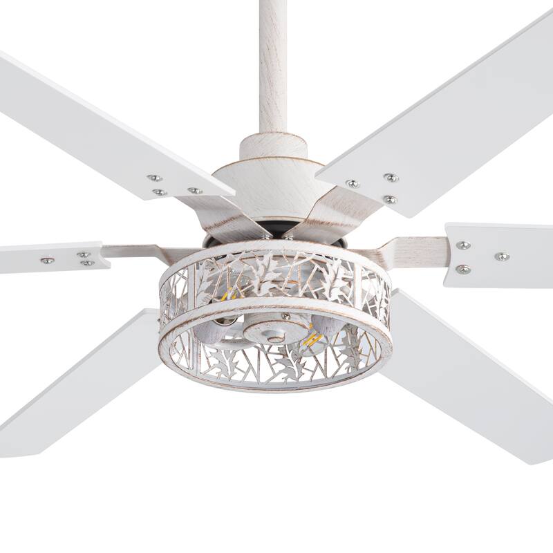 2 Set 46" Distressed White Caged Ceiling Fan with Light and Remote(6-Blade)