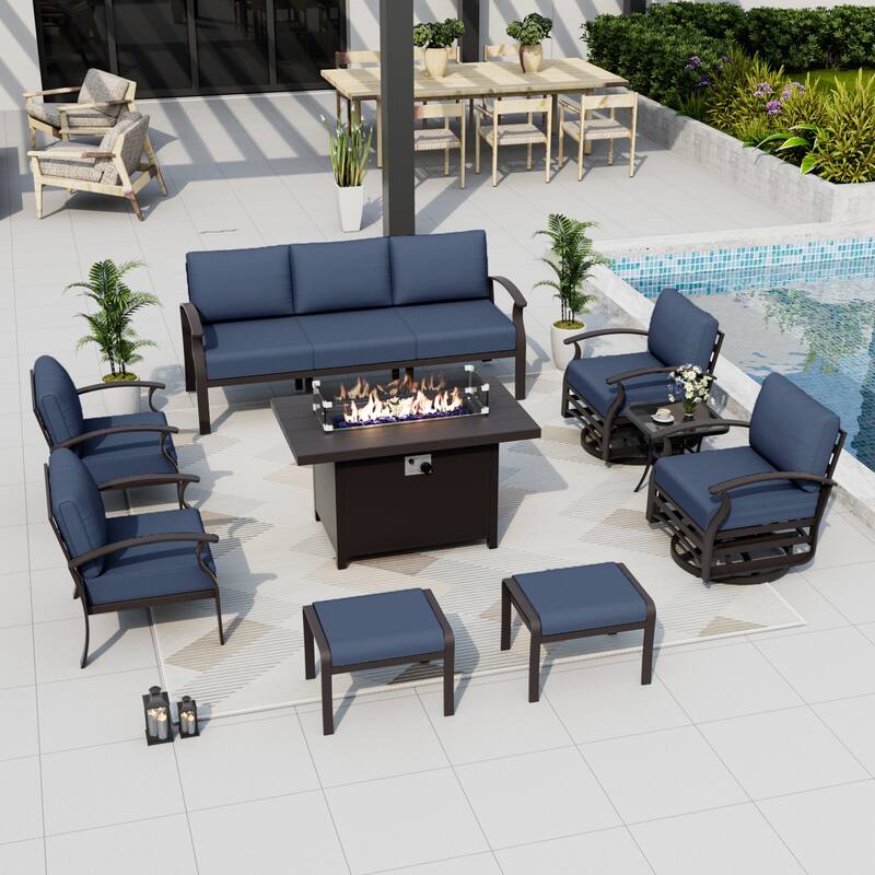 Aluminum Patio Furniture Set with Fire Pit, Ottomans & Rocking-Swivel Chairs, Modular Sofa with Thick Cushions - 7Seats w/Ottomans - Navy Blue