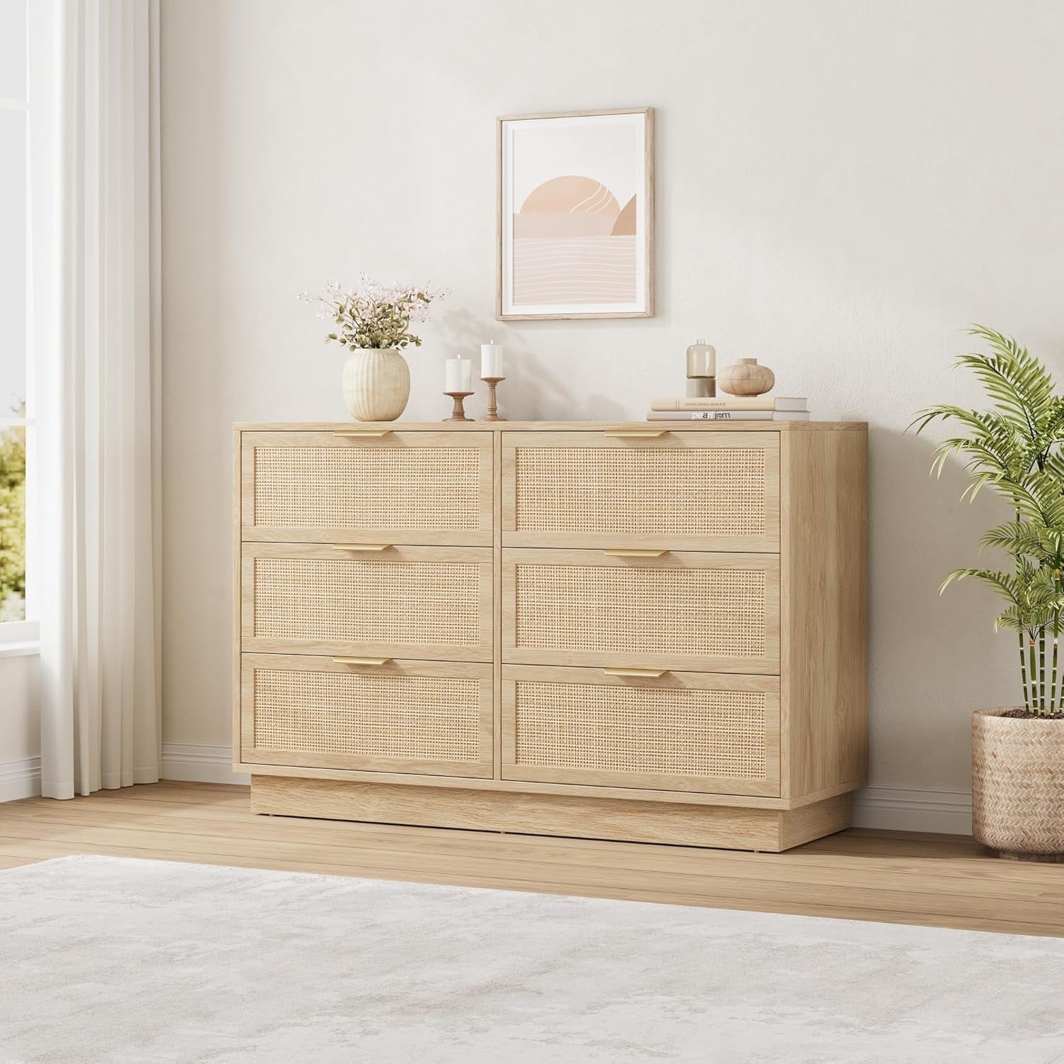 47" Wide 6 Drawer Dresser, Wood Chest Storage Cabinet for Bedroom Entryway Walnut