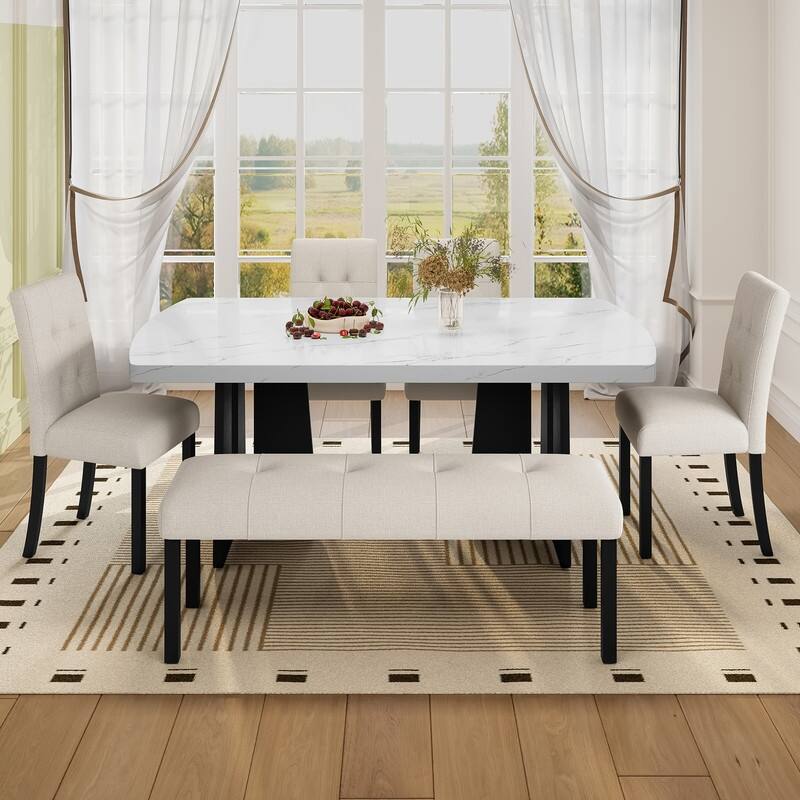 6 Piece Modern Dining Table Set, 63" Faux Marble Dining Table and 4 Upholstered Tufted Dining Chairs
