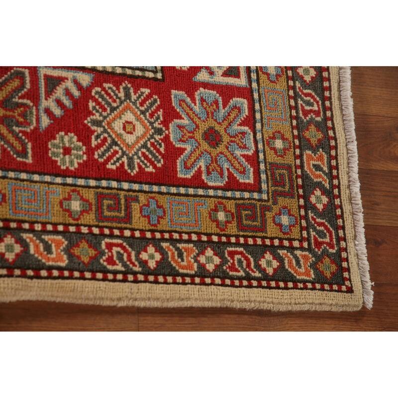 Geometric Kazak Oriental Area Rug Handmade Yellow Wool Carpet - 6'10" x 10'7"