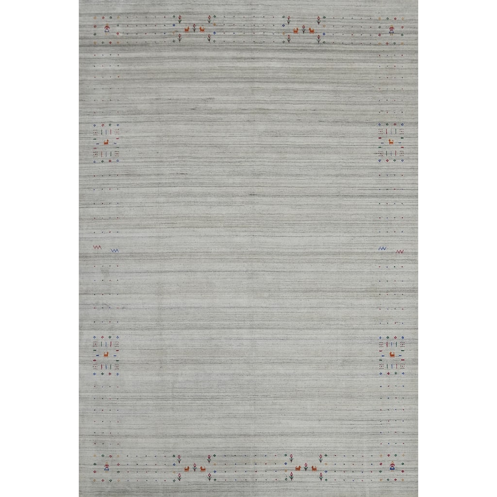 Hand Knotted Oriental 100% Wool Carpet Tribal Stripe Greys & Charcoal Gabbeh Area Rug - 12' 6'' X 9' 2''