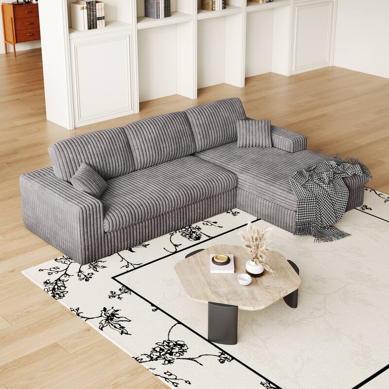 Corduroy Sleeper Sofa Bed L-shaped Sectional Sofa with Chaise, Living Room 2-in-1 Convertible Couch with Detachable Neck Pillows