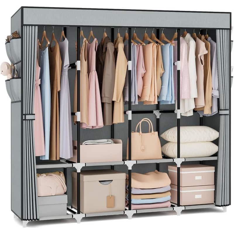 Portable Hanging Closet 67 Inches Wide, 4 Storage Shelves and 4 Hanging Rods for Bedroom Closets - Silver