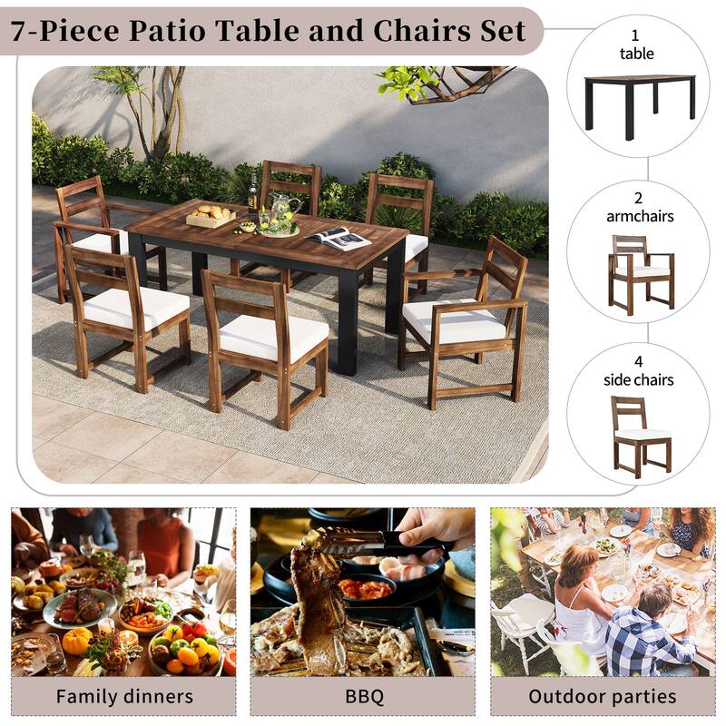 Outdoor Patio 7 Piece Rectangular Dining Table Set with 2 Armchairs, 4 Side Chairs, Parasol Hole, Removable Cushions