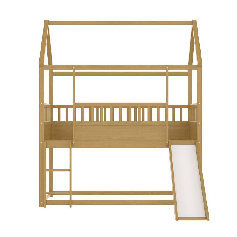 Twin Over Twin Bunk Bed with Convertible Slide and Safety Guardrail