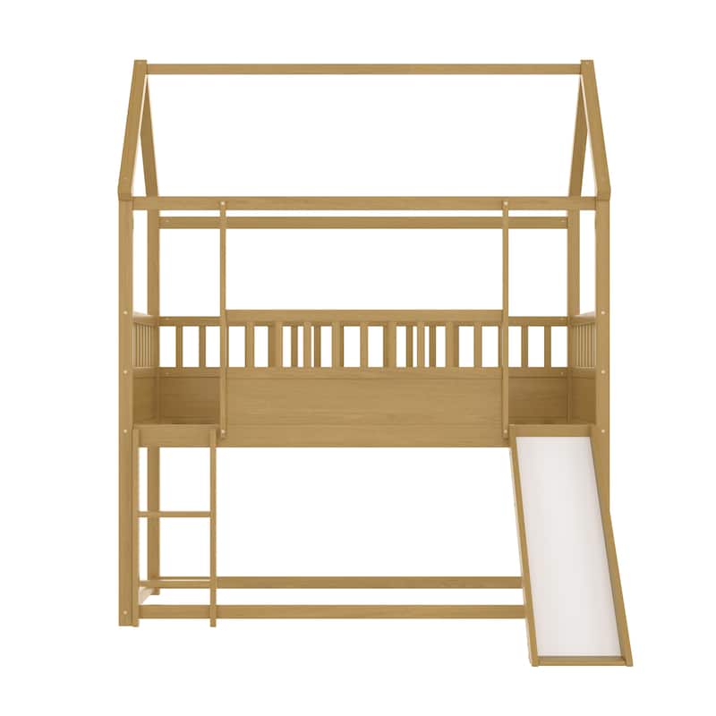 Twin Size House Bunk Bed with Slide and Ladder, Low Profile Wooden Frame with Guardrails, Convertible Entry Options