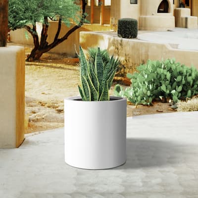 Plantara 13" D Solid White Concrete Outdoor planter,Flower pot, Modern Round Plant pot for Garden with Drainage Hole
