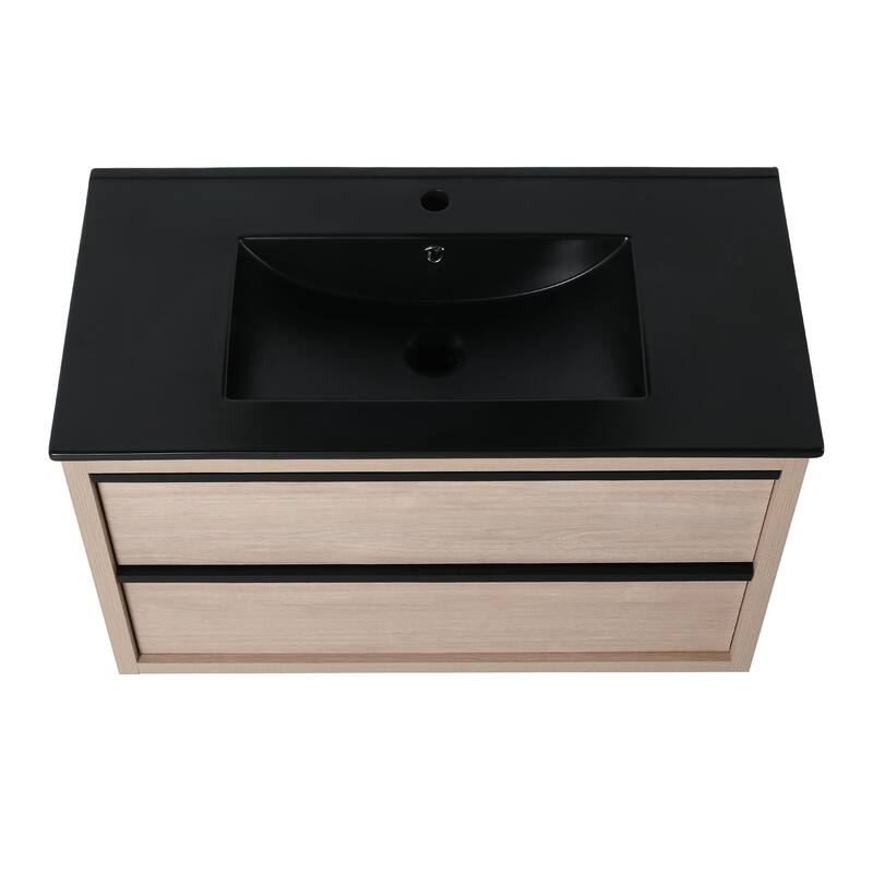 Wall-Mounted Plywood Bathroom Vanity Set in Plain Light Oak with Integrated Sink