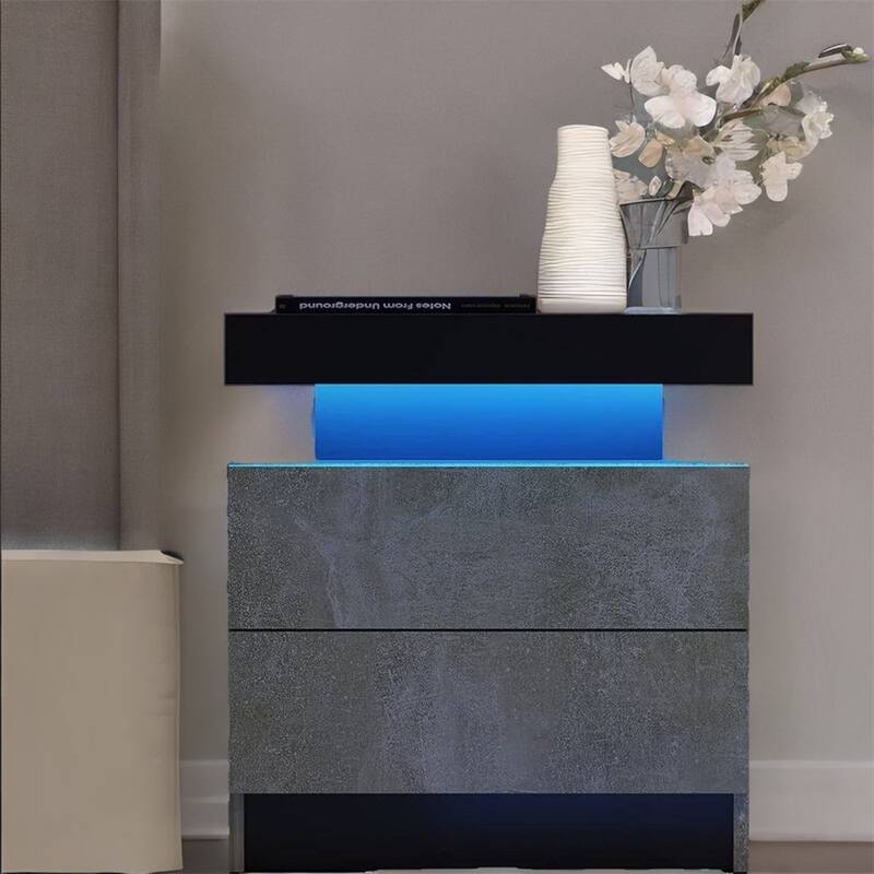 Modern Wood LED Nightstand with 2 Drawers - Gray