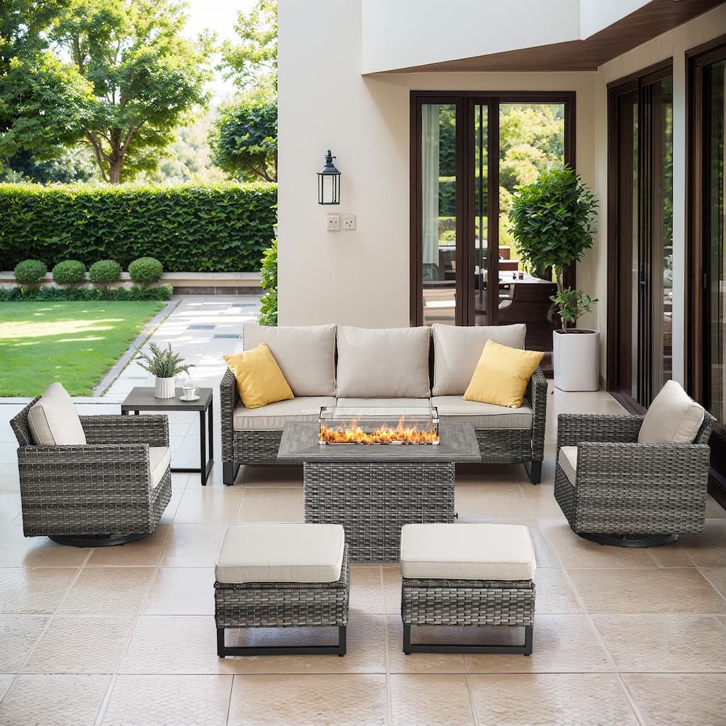 Outdoor Sofa Chairs Ottomans and Fire Table Grey-Beige - Grey
