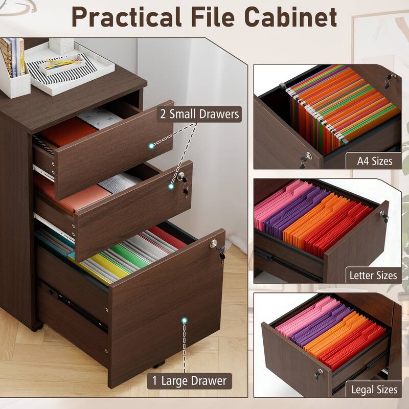 Gymax 3-Drawer File Cabinet Rolling File Organizer w/ Lock & 4 Keys