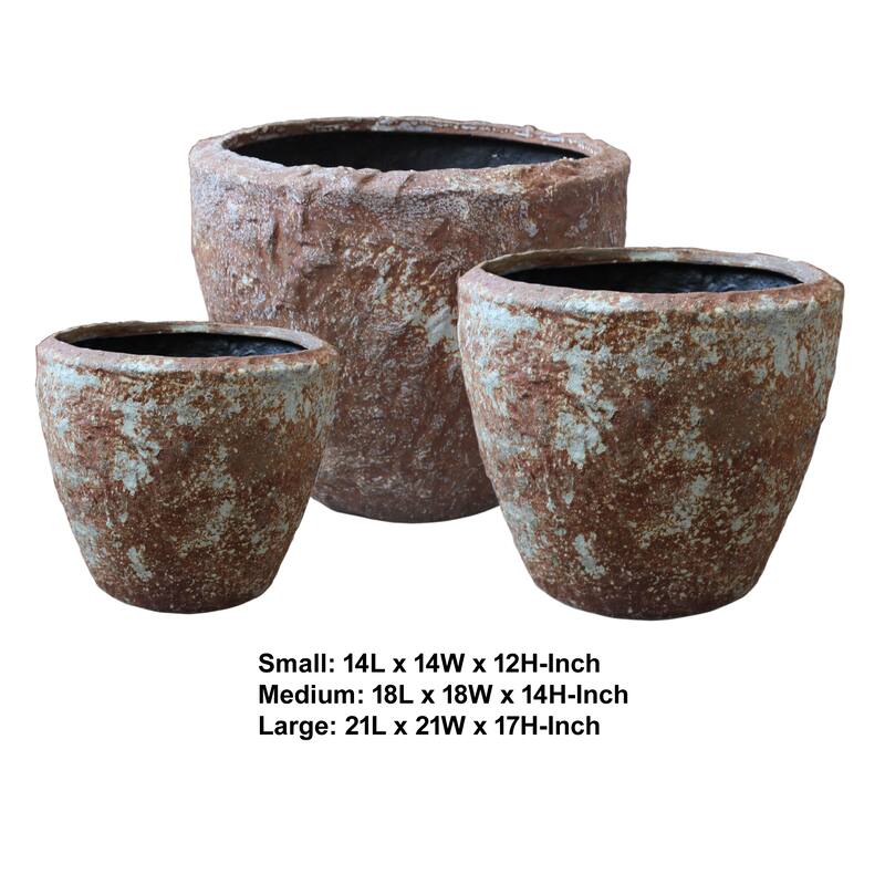 Hand Made Round Bowl Like Rocky Sandstone Planter, Brown, Set of 3