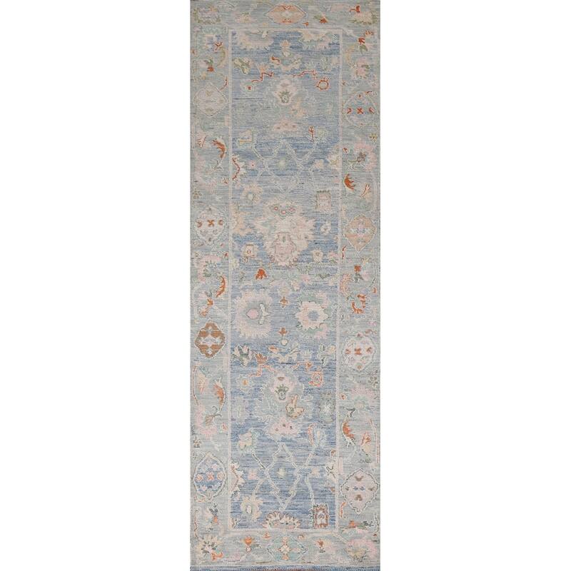 Hand Knotted Oriental 100% Wool Carpet Transitional All-Over Navy Blue & Blues Oushak Runner Rug - 9' 11'' X 2' 8''