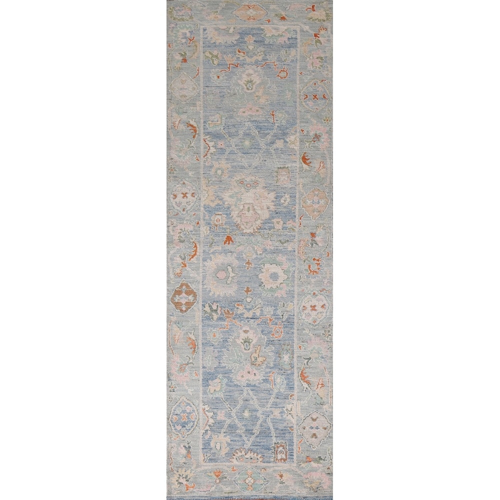 Hand Knotted Oriental 100% Wool Carpet Transitional All-Over Navy Blue & Blues Oushak Runner Rug - 9' 11'' X 2' 8''