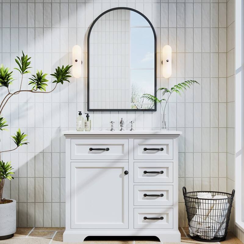 Bathroom Vanity with Top Sink Freestanding Vanity Set with Mirror - White + Black