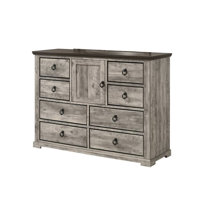 Elaya Wide Dresser, 8 Drawers, 1 Cabinet, Black Metal, Weathered Gray