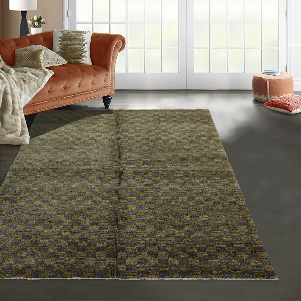 Hand Knotted Green, Slate Tibetan 100% Wool Modern Oriental Area Rug - 4' 11'' x 7' 2''