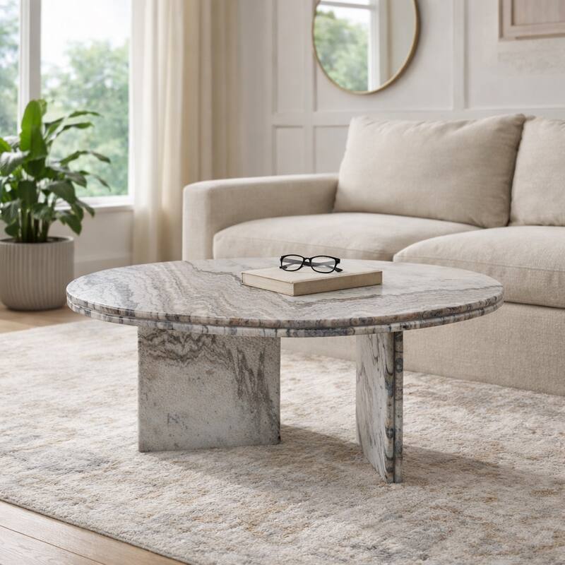 Round Marble Coffee Table with Pedestal Base - Ivory/Gray, 42" - 42.0"