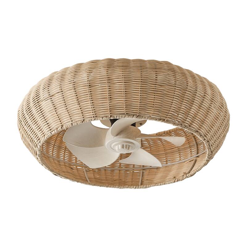 20-inch Boho Distressed White Chandelier Flush Mount Ceiling Fan with Remote and Hand-Woven Rattan Shade - 19.7" W x 7.08" H