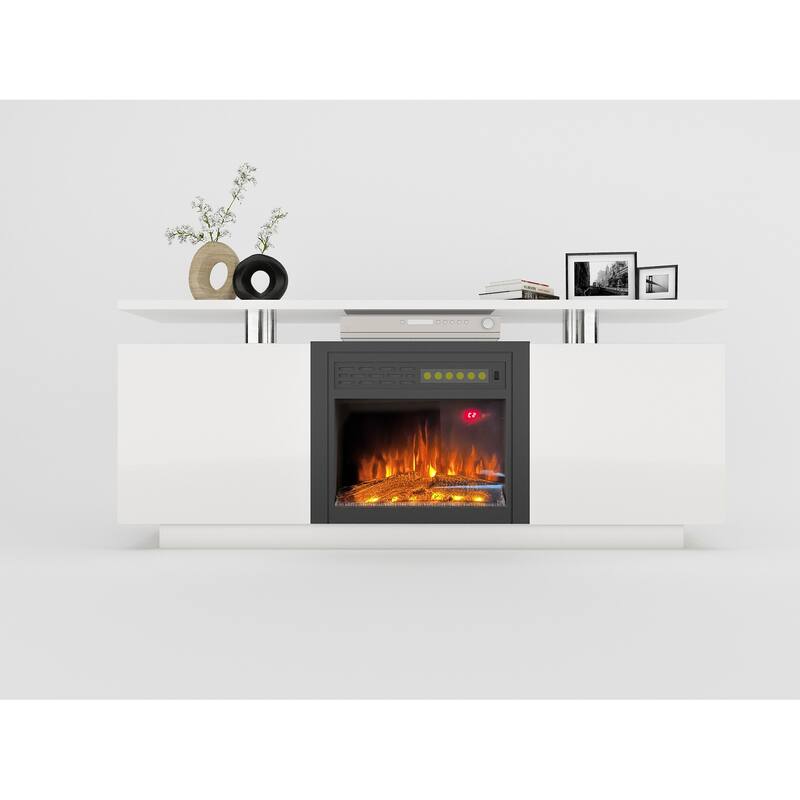 70" High Gloss TV Stand with Built-In Electric Fireplace, 9-Color Flame, Storage Shelves & Remote, for 80" TVs