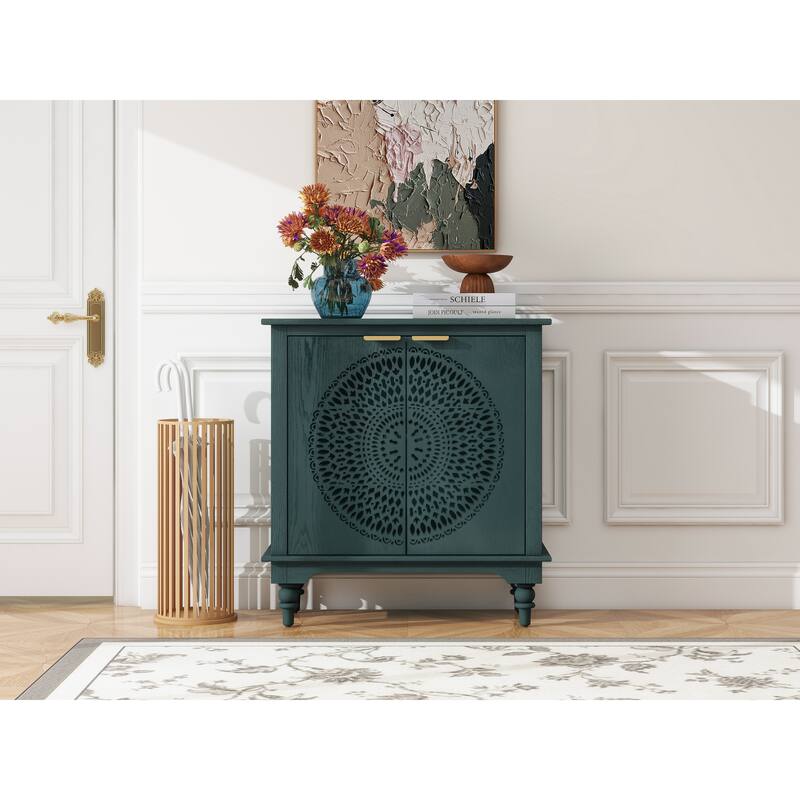 Hollow-Carved 2 Door Accent Cabinet Sideboard Buffet Storage Cabinet with Adjustable Shelf for Entryway Living Room Bedroom