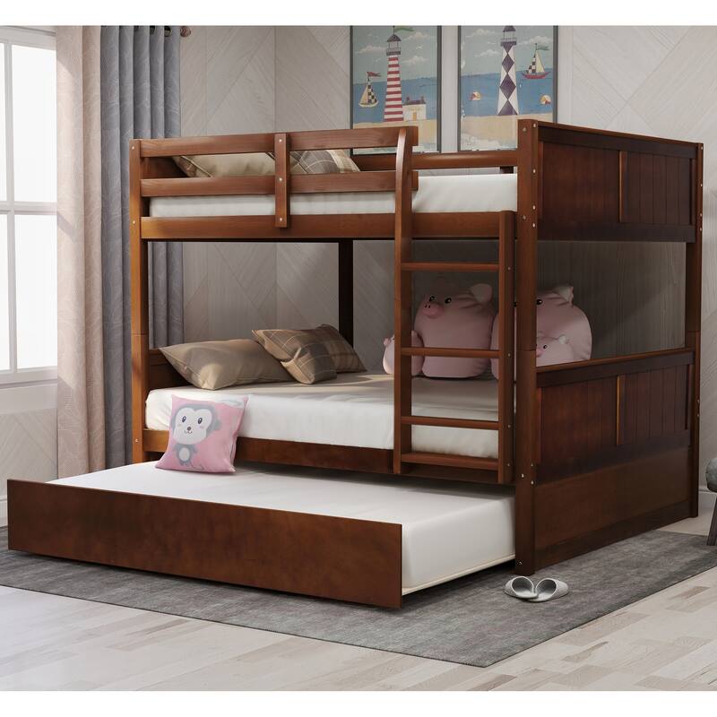 Bunk Bed For Kids Full-Over-Full Wood Bed Frame With Ladder & Trundle - Walnut - Full