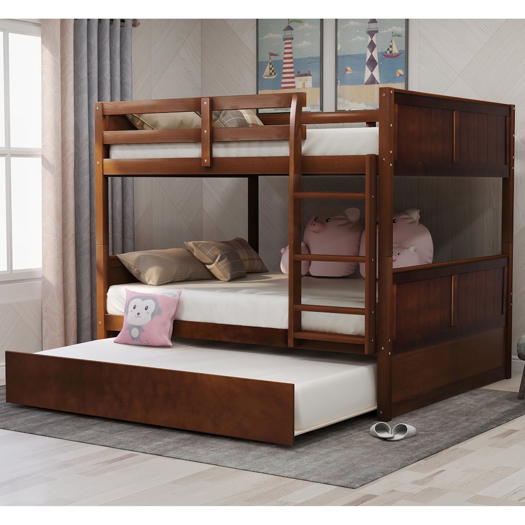 Bunk Bed For Kids Full-Over-Full Wood Bed Frame With Ladder & Trundle