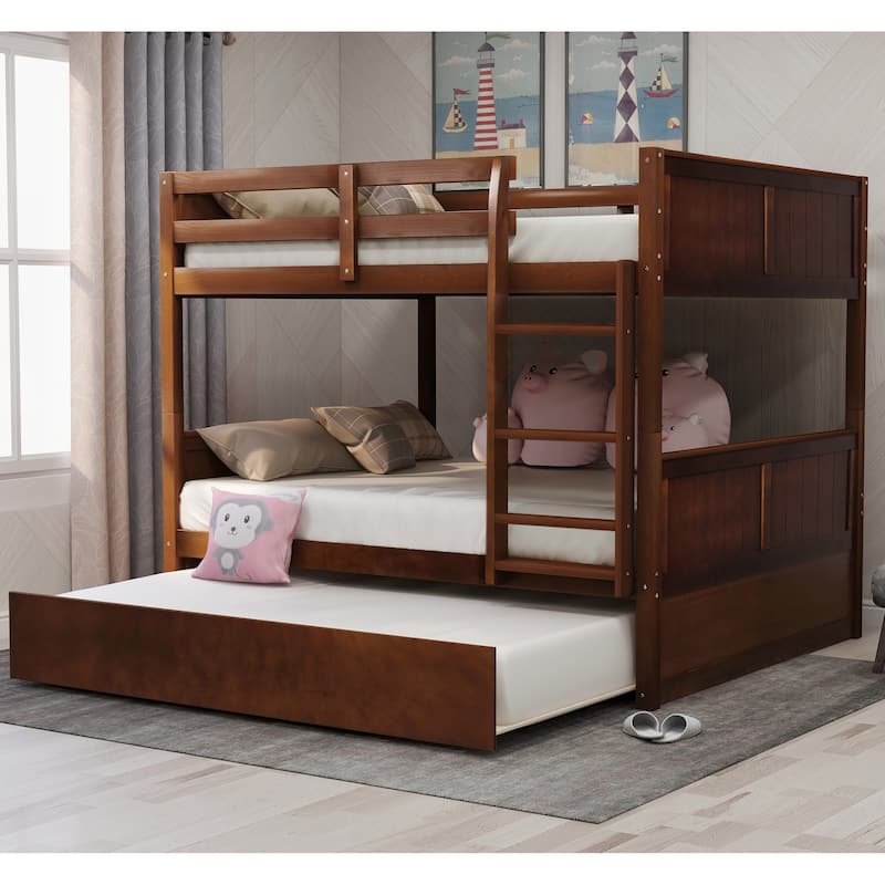 Full Over Full Bunk Bed with Twin Trundle, Walnut Finish, Convertible Design - Walnut