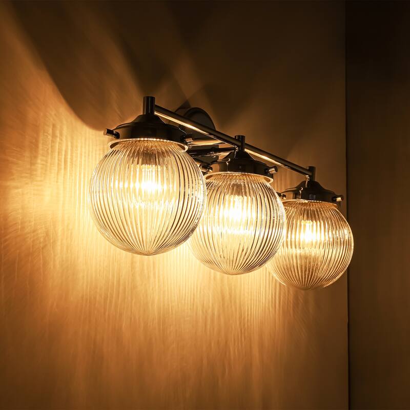 3-Light Modern Linear Ribbed Clear Glass Globe Bubble Bathroom Vanity Light over Mirror - 24.4 in. W x 9.6 in. H x 6.6 in. D