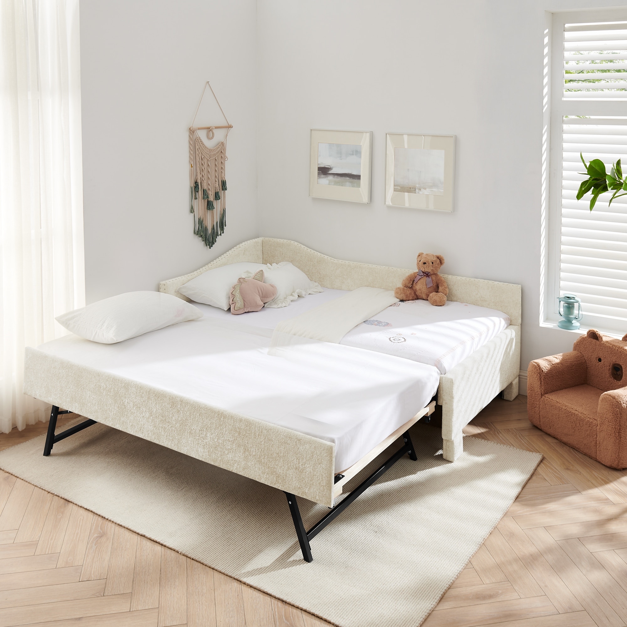 Curved Round Edge Padded Backrest Daybed,Vintage Nailhead Trim Chenille Daybed with Pull-out Trundle and USB Port
