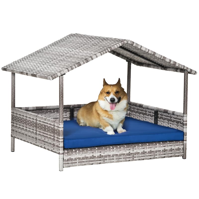Wicker Dog House Outdoor with Canopy, Rattan Dog Bed with Water-resistant Cushion, for Small and Medium Dogs - Blue