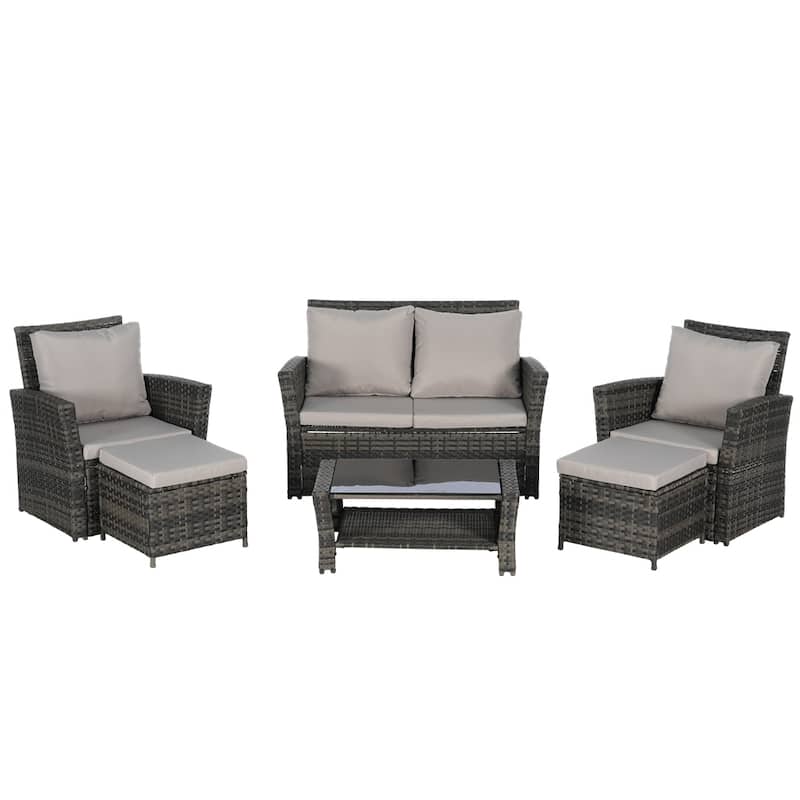 6 PCS Wicker Patio Furniture Sets with Ottoman & Tempered Glass Table - N/A