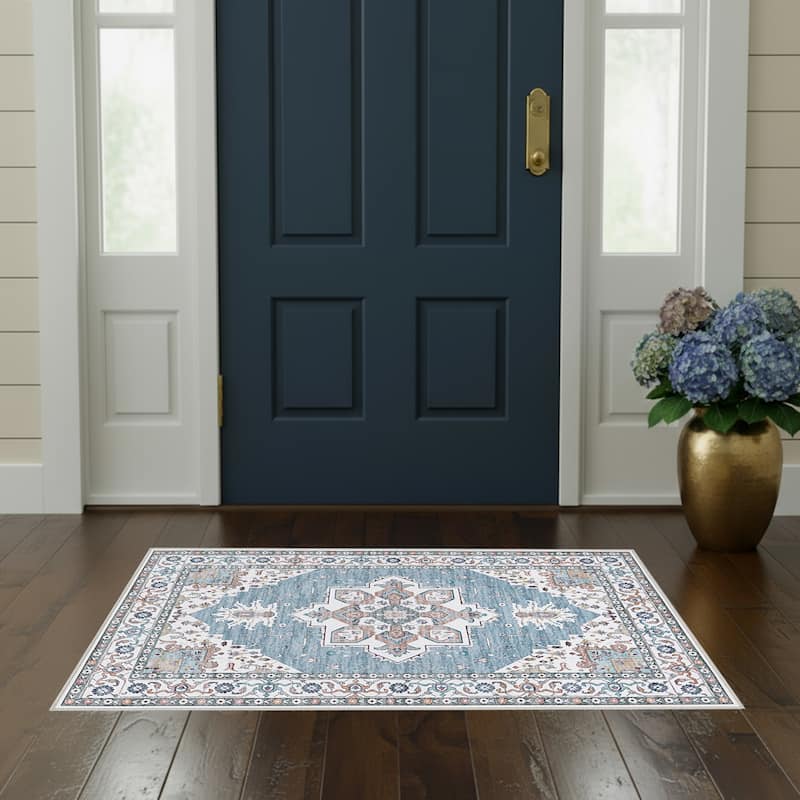 Laura Ashley Imagine Printed Chenille Washable Non-Slip Rugs - 26" x 45"/26" x 60" - Blue
