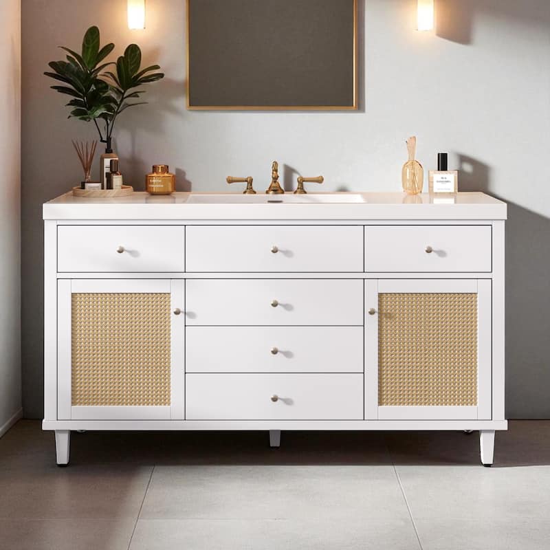 60 Inch Bathroom Vanity with Single SMC Sink, 5 Soft-Close Drawers, Rattan Door Cabinets, Freestanding Cabinet with Pine Legs - White
