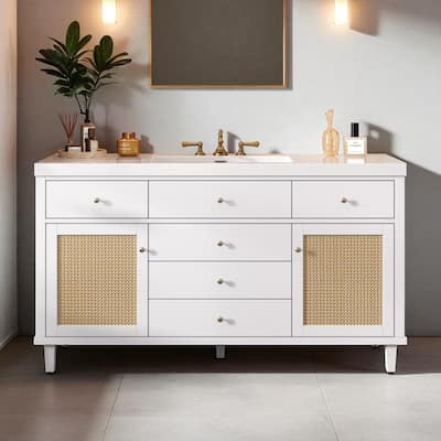 60 Inch Bathroom Vanity with Single SMC Sink, 5 Soft-Close Drawers, Rattan Door Cabinets, Freestanding Cabinet with Pine Legs
