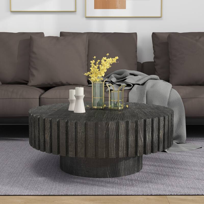 GDFStudio - Norwyn Minimalist Aesthetics Round Coffee Table with Sturdy Base and Handcrafted Relief Carving - 31.5"W - Black