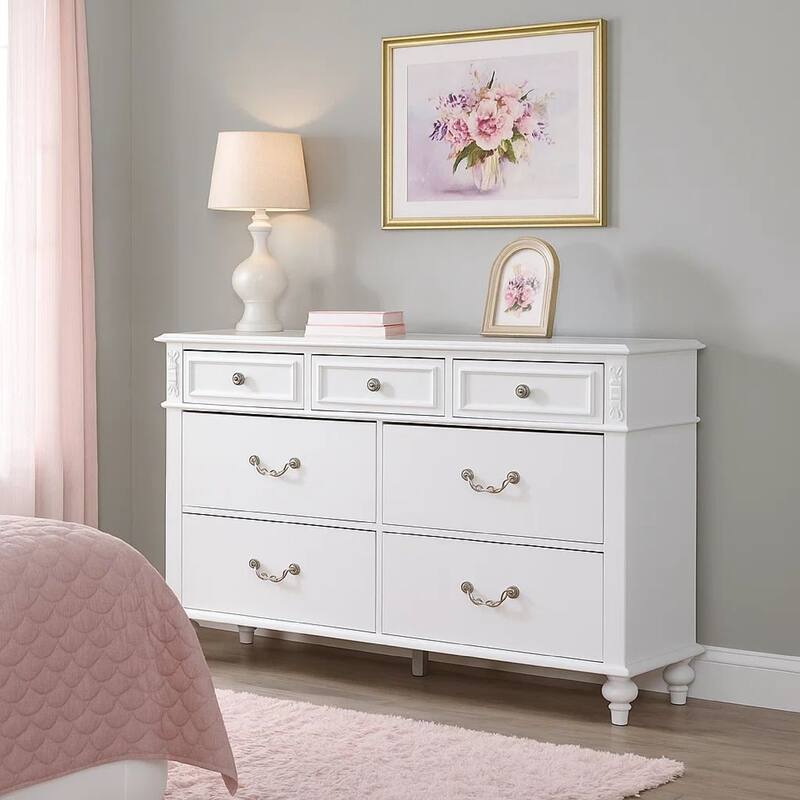 Dresser with 7 Drawers and Crystal Knobs, White