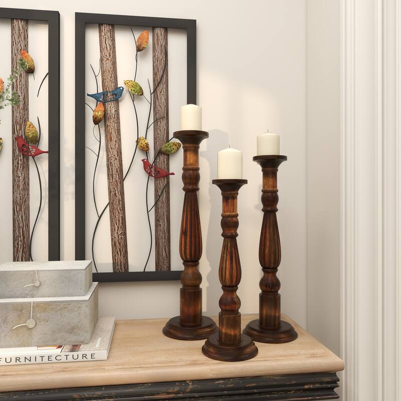 Brown Mango Wood Tall Turned Decorative Candle Holder (Set of 3)