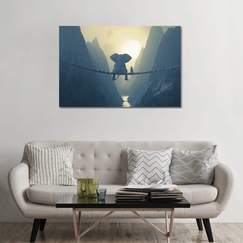 iCanvas "Elephant And Dog Sit On A Bridge Over A Precipice (Dualtone)" by Mike Kiev Canvas Print - 32x48x1.5