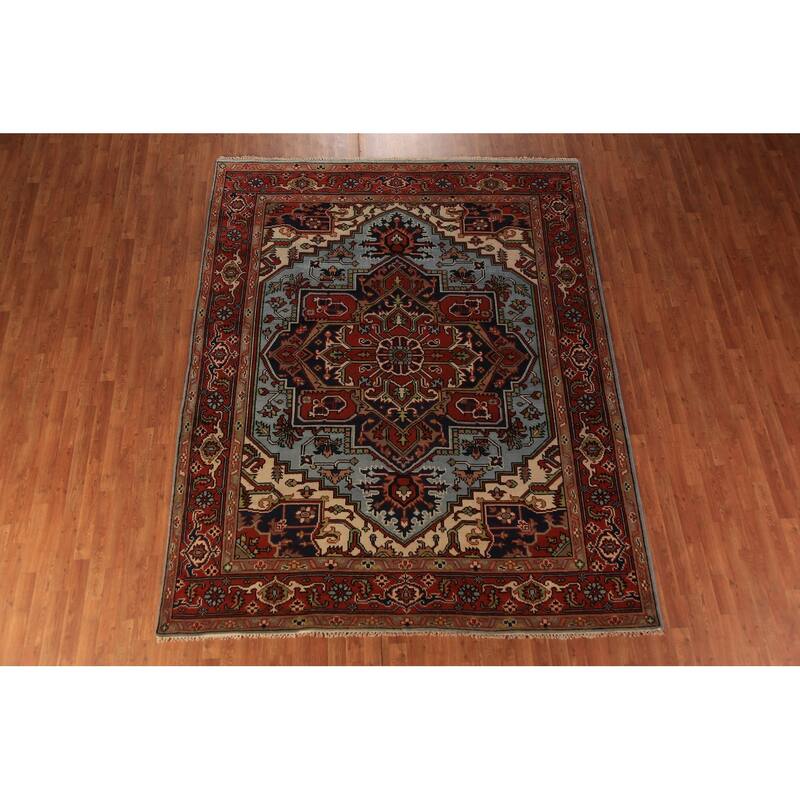 Geometric Heriz Serapi Indian Rug Hand-Knotted Blue Wool Carpet - 7'11"x 9'9"