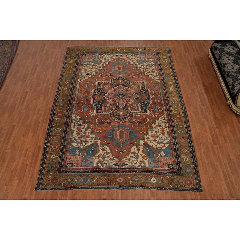 Hand Knotted Oriental 100% Wool Carpet Traditional Medallion Oranges & Rust Heriz (serapi) Area Rug - 13' 8'' X 10' 0''