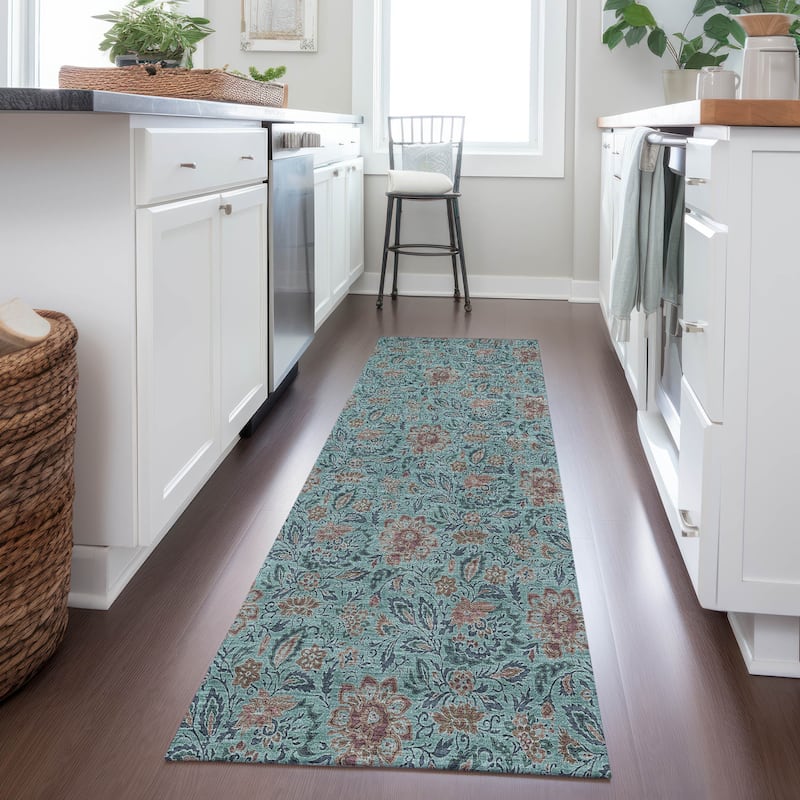 Machine Washable Indoor/ Outdoor Chantille Farmhouse Floral Rug - Teal - 2'3" x 7'6"