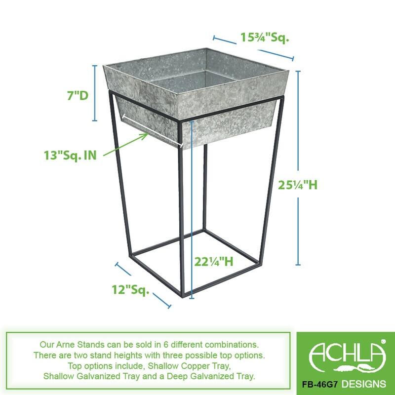 Achla Designs Large Indoor Outdoor Arne Plant Stand With Deep Galvanized Tray, 22 Inch Tall, Black Powder Coat Finish
